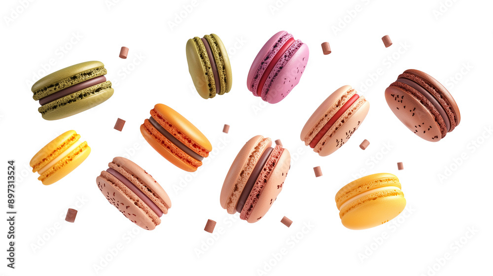 A close-up of a variety of pastries, including macarons, with a white background A close-up of a variety of pastries, including macarons, with a white background
