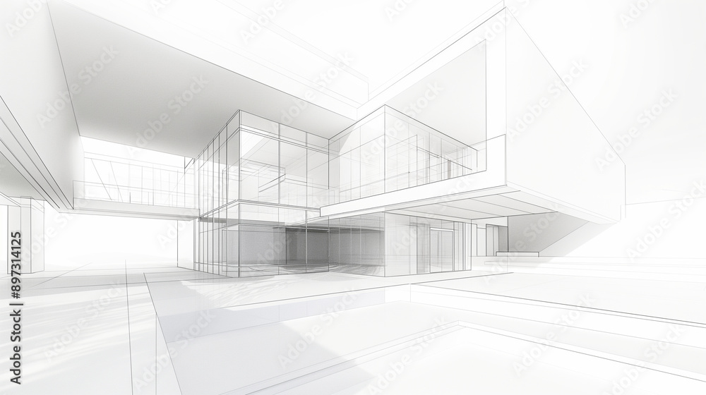 Fototapeta premium Perspective view of a minimalist white architectural sketch of a modern building interior, highlighting simplicity and elegance