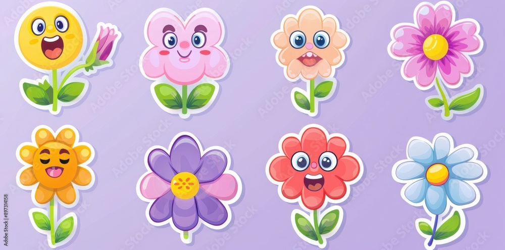 Fototapeta premium Sticker vector picture of cartoon flowers with cute smiling faces on a light purple background,