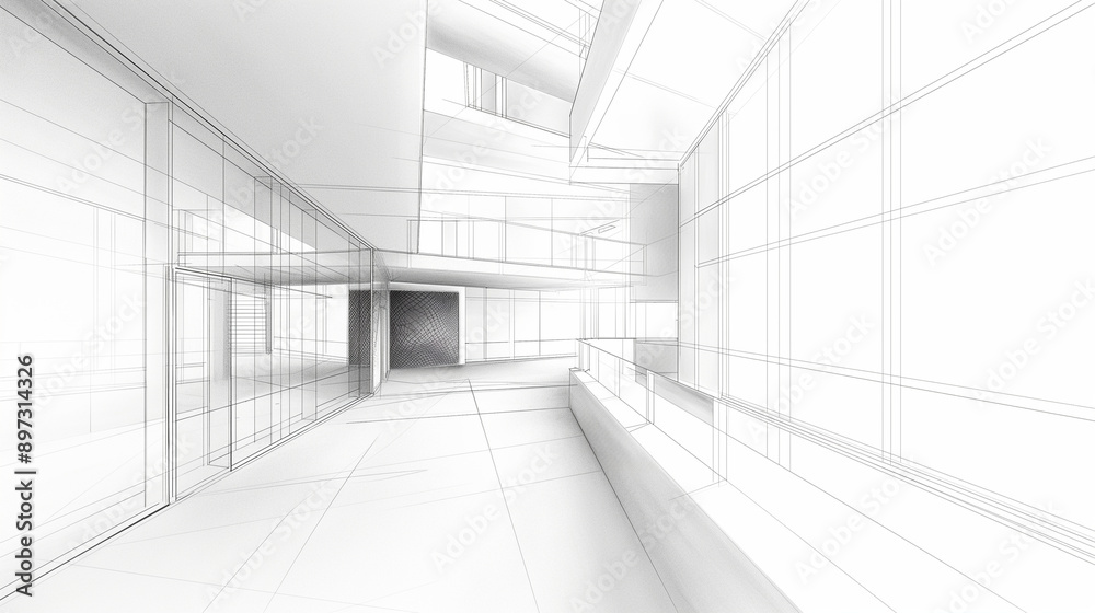 Perspective view of a modern building interior in a minimalist white architectural sketch, showcasing a sophisticated layout Perspective view of a modern building interior in a minimalist white architectural sketch, showcasing a sophisticated layout