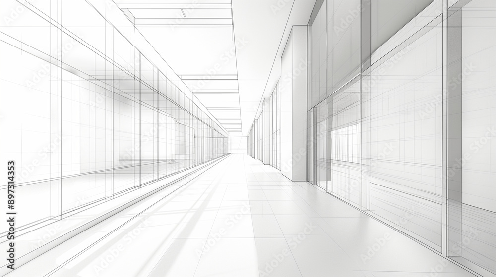 Perspective view of a minimalist white architectural sketch, capturing the interior of a modern building with refined elegance Perspective view of a minimalist white architectural sketch, capturing the interior of a modern building with refined elegance