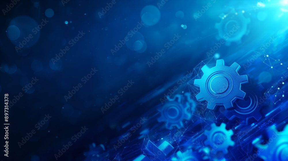 Blue technology background with gears and a gear, a digital abstract background with a blue glowing light effect on a dark blue background with space for your design Blue technology background with gears and a gear, a digital abstract background with a blue glowing light effect on a dark blue background with space for your design
