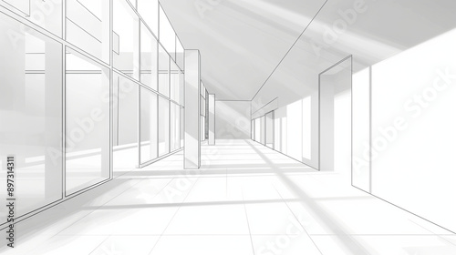 Perspective view of a modern building interior in a minimalist white architectural sketch, showcasing a sophisticated layout