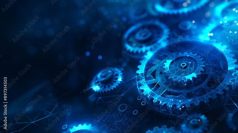 Obraz premium Radiant blue gears on a dark blue abstract technology background, offering a luminous digital design with space for your elements