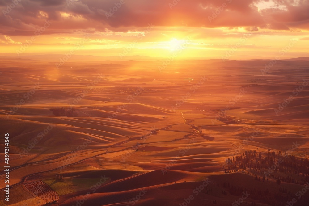 Beautiful landscape image of a sunset over rolling hills with no people in sight Beautiful landscape image of a sunset over rolling hills with no people in sight
