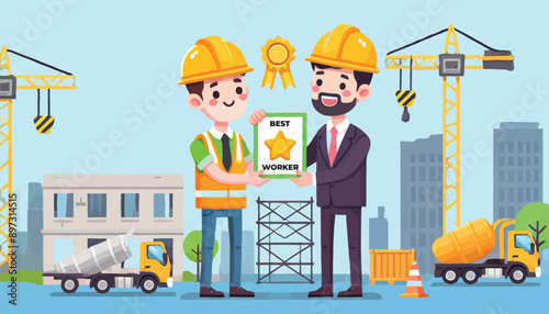 cartoon construction worker receiving a Best Worker award from manager