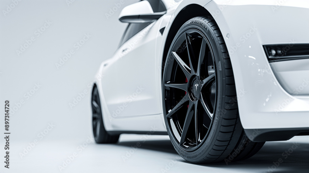 Pristine white car with black rims on a white background, detailed close-up of the wheel and bodywork on the right side Pristine white car with black rims on a white background, detailed close-up of the wheel and bodywork on the right side