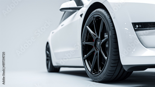 Pristine white car with black rims on a white background, detailed close-up of the wheel and bodywork on the right side