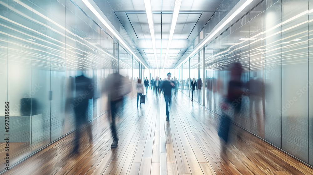 Energetic office atmosphere with motion blur of people, glass walls creating reflections, wooden floors, and a white ceiling lined with rectangular lights Energetic office atmosphere with motion blur of people, glass walls creating reflections, wooden floors, and a white ceiling lined with rectangular lights