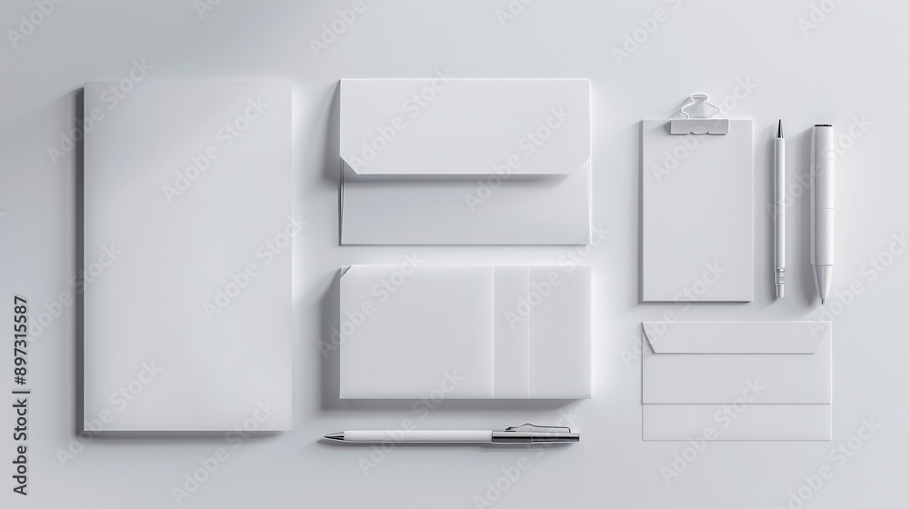 Corporate Stationery Set Mockup: Displayed on a white textured paper background, showcasing a corporate stationery set in a professional mockup. Corporate Stationery Set Mockup: Displayed on a white textured paper background, showcasing a corporate stationery set in a professional mockup.