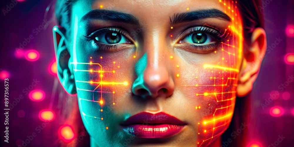 Futuristic Facial Recognition Technology. Close-up of a face illuminated by vibrant neon lights and overlaid with a glowing orange grid, suggesting advanced facial recognition or biometric scanning. Futuristic Facial Recognition Technology. Close-up of a face illuminated by vibrant neon lights and overlaid with a glowing orange grid, suggesting advanced facial recognition or biometric scanning.
