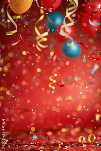Colorful balloons and confetti falling on red vertical festive background, copy space
