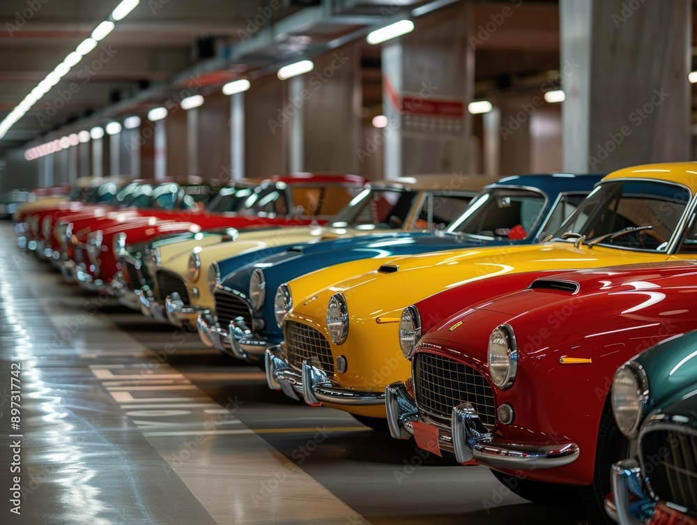 Classic Cars Lined Up in a Garage, Showcasing a Variety of Colors and Makes Classic Cars Lined Up in a Garage, Showcasing a Variety of Colors and Makes