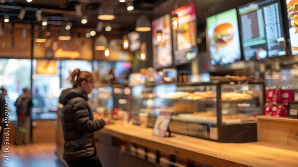 Woman ordering at cafe counter. A woman stands at the counter of a busy cafe, ready to place her order, with the warm glow of the lighting creating a cozy ambiance. Woman ordering at cafe counter. A woman stands at the counter of a busy cafe, ready to place her order, with the warm glow of the lighting creating a cozy ambiance.