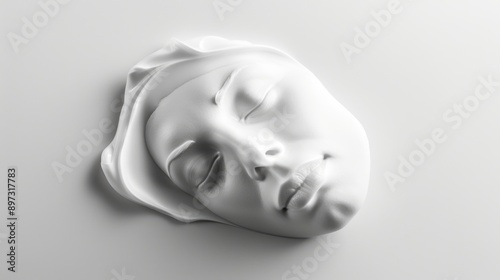 A close-up view of a white sculpture depicting a woman's face with her eyes closed