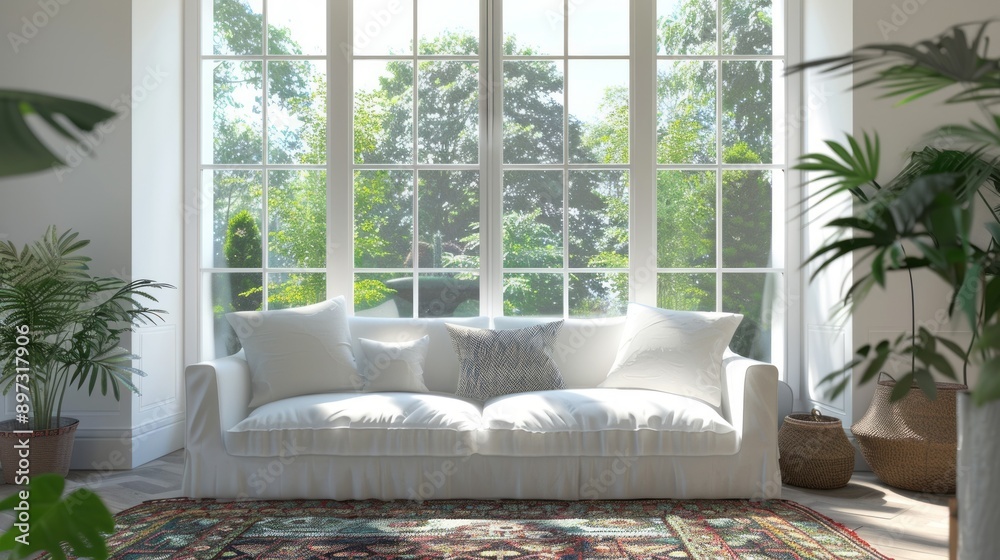 Bright living room interior, white sofa, large windows. Sunlit living room featuring a comfortable white sofa, positioned beneath expansive windows offering a view of lush foliage. Bright living room interior, white sofa, large windows. Sunlit living room featuring a comfortable white sofa, positioned beneath expansive windows offering a view of lush foliage.