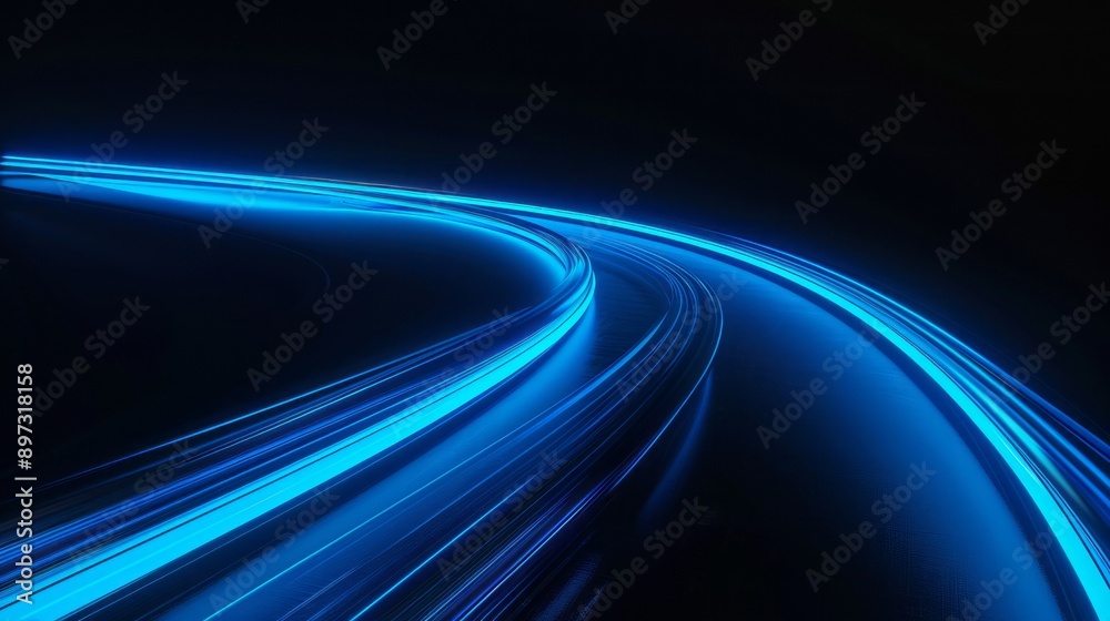 Blue light trail curve. Luminous blue light streaks curve gracefully against a dark backdrop, conveying motion, energy, and technology. Blue light trail curve. Luminous blue light streaks curve gracefully against a dark backdrop, conveying motion, energy, and technology.