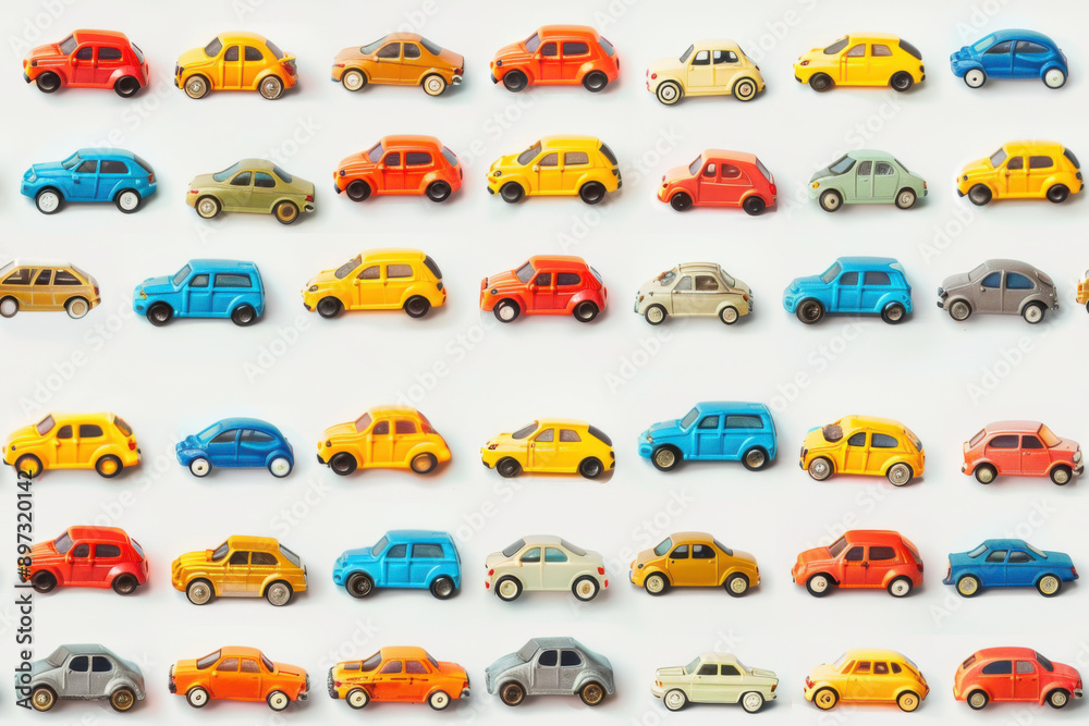 Colorful toy cars lined up in a row on a white background. Seamless pattern. Colorful toy cars lined up in a row on a white background. Seamless pattern.