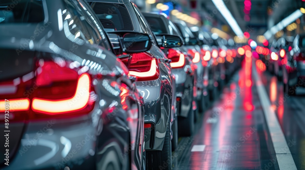 Rear View of New Cars Lined Up in an Automotive Factory Production Line Rear View of New Cars Lined Up in an Automotive Factory Production Line