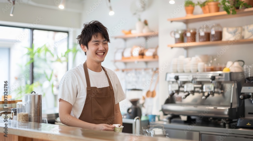 Smiling Barista Holding a Cup of Coffee in a Coffee Shop Smiling Barista Holding a Cup of Coffee in a Coffee Shop