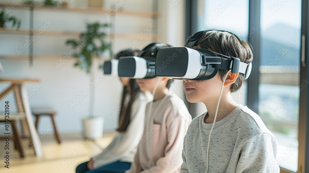 Three Children Immersed in Virtual Reality Experience, Wearing VR Headsets, Focused on Digital World, Exploring New Realities Three Children Immersed in Virtual Reality Experience, Wearing VR Headsets, Focused on Digital World, Exploring New Realities