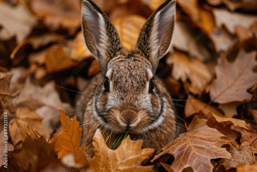 Fototapeta premium A curious rabbit sits among dry autumn leaves, creating a rustic and cozy woodland scene filled with warm colors and a sense of calmness in nature.