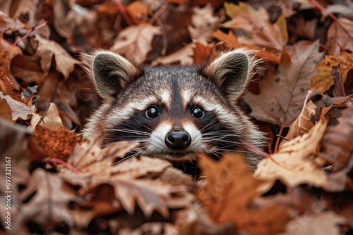 This image captures an adorable raccoon peeking through a bed of dry autumn leaves, highlighting the playful essence and curious nature of the animal in a fall setting.