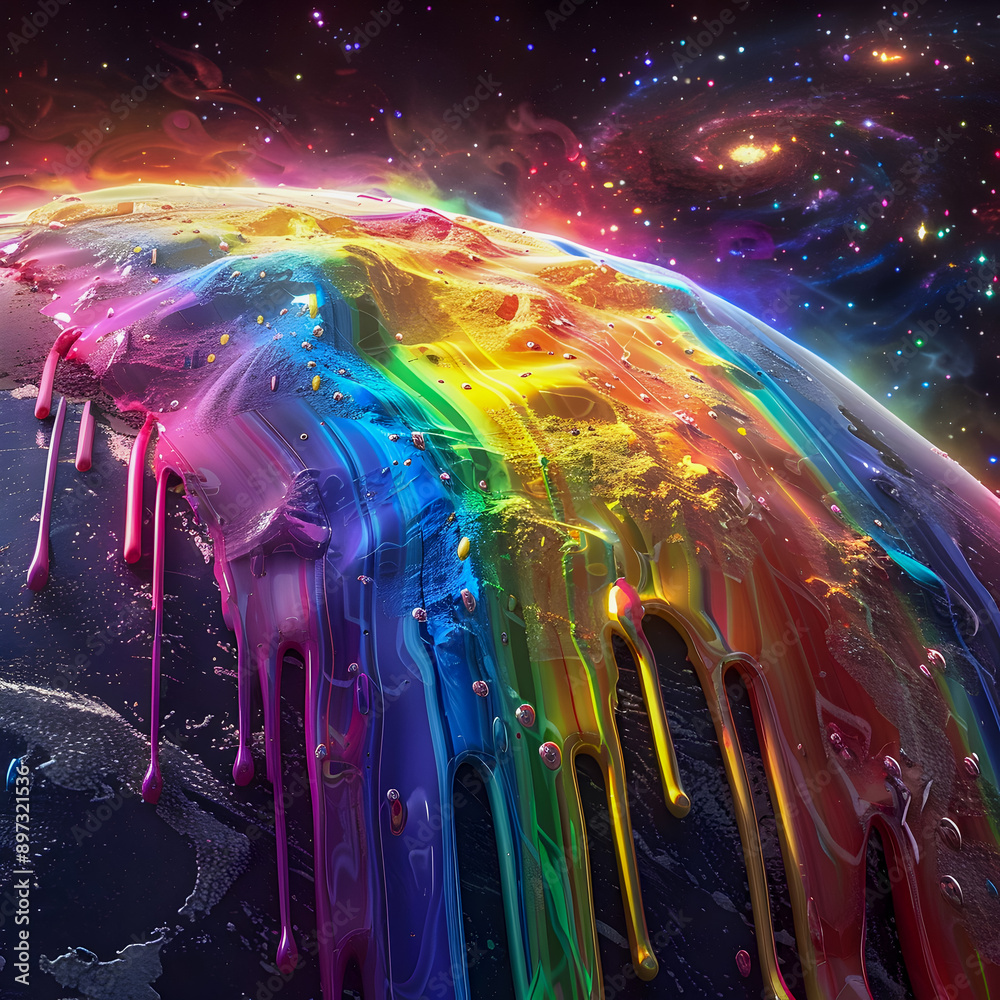 A image of the Earth with dripping paint in vibrant rainbow colors set against a dark starry space backdrop with glowing nebulas The intense A image of the Earth with dripping paint in vibrant rainbow colors set against a dark starry space backdrop with glowing nebulas The intense