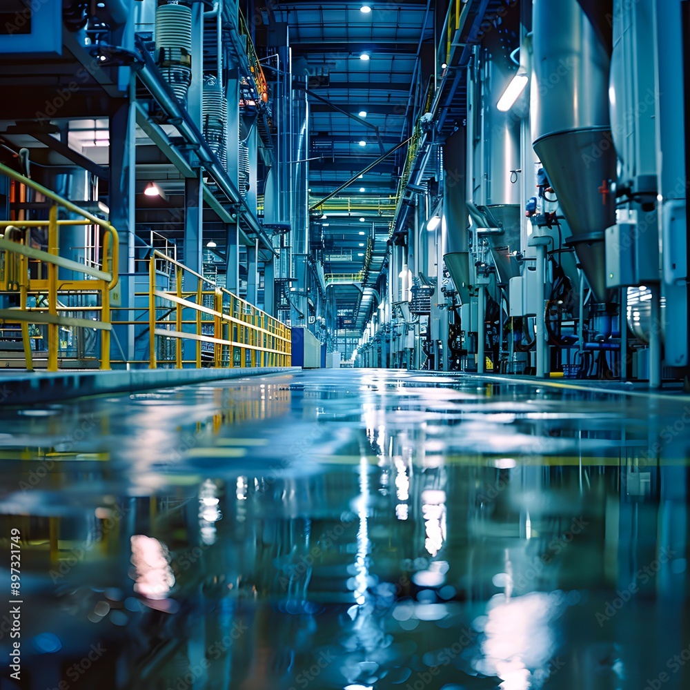 Fototapeta premium An industrial factory interior with shiny floors, lined with machinery and bright lighting, representing manufacturing or production, Ideal for industry-related topics, corporate presentations