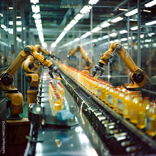 Robotic arms in a modern automated factory assembly line are efficiently handling bottles of juice useful for illustrating technology in manufacturing, automation, or industrial production processes,