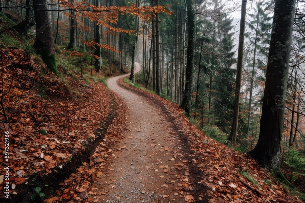 Fototapeta premium A narrow forest path, covered in fallen autumn leaves, winds through a dense wood, highlighting the serene and tranquil beauty of the forest during the autumn season.