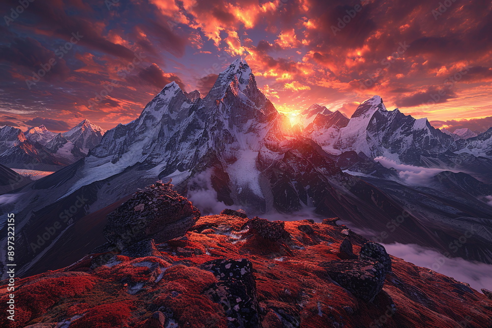 Fototapeta premium Fictional Himalayan Peaks Awash in Dawn's Glow Generated by AI