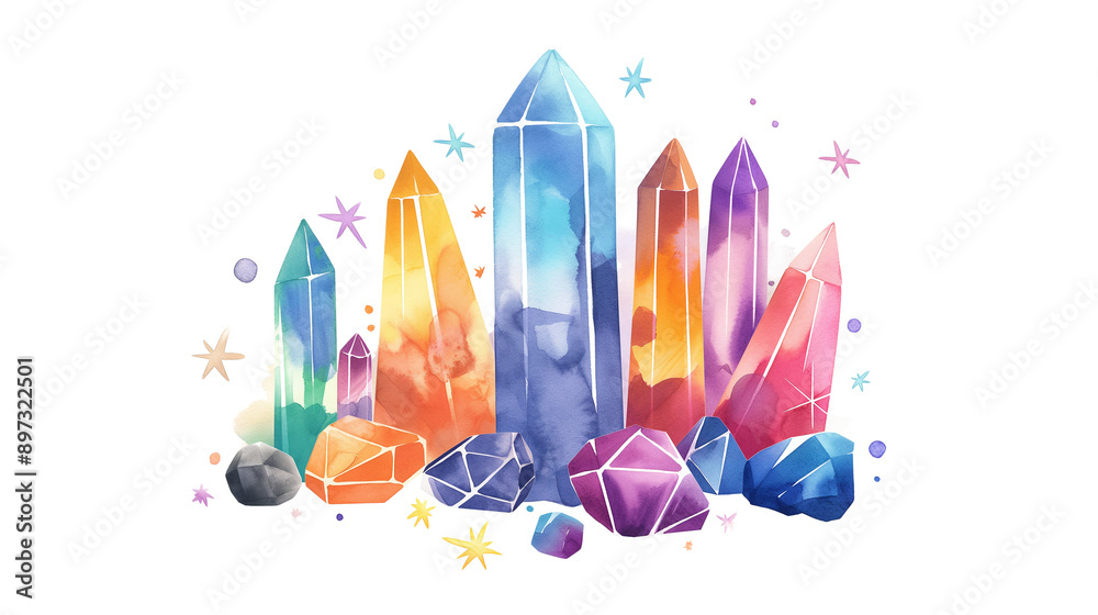 A colorful pile of crystals with a white background A colorful pile of crystals with a white background