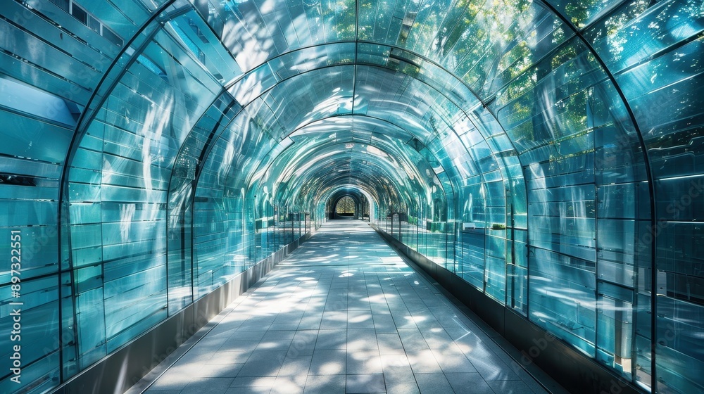 A serene, modern glass tunnel illuminated by natural light, surrounded by lush greenery, ideal for tranquil walks or artistic photography. A serene, modern glass tunnel illuminated by natural light, surrounded by lush greenery, ideal for tranquil walks or artistic photography.