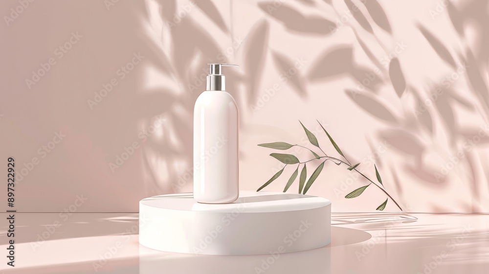 cream pastel background, white lotion bottle on a platform, professional photo, flat lighting cream pastel background, white lotion bottle on a platform, professional photo, flat lighting