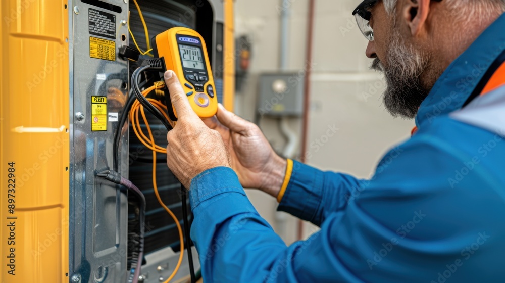 A skilled air conditioning serviceman in a blue uniform uses a digital multimeter to check the voltage on an outdoor HVAC unit A skilled air conditioning serviceman in a blue uniform uses a digital multimeter to check the voltage on an outdoor HVAC unit