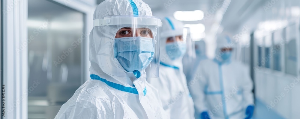 Hightech cleanroom with workers in protective suits, safety, technology, Hightech cleanroom with workers in protective suits, safety, technology,