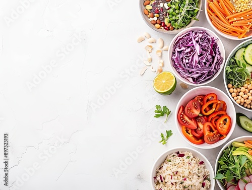 Fresh and colorful vegetable bowls arranged on a marble background, perfect for healthy eating and meal preparation.