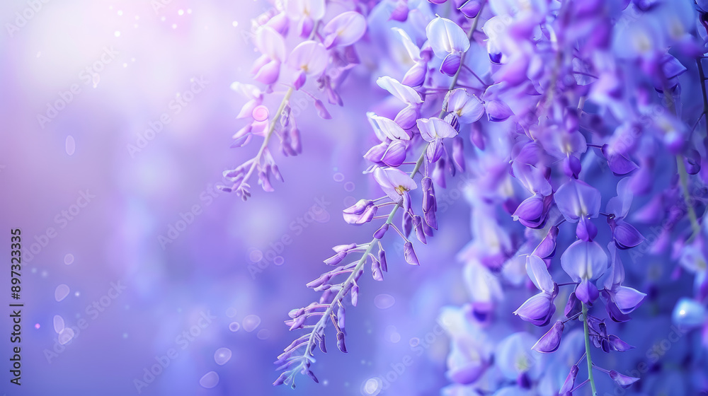Obraz premium Beautiful blossoms of Fuji (Wisteria floribunda) vine in spring. The image is intentionally shot with a high key and shallow depth of field to create a dreamy and ethereal atmosphere.