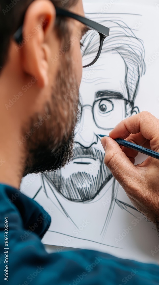 Cartoonist drawing an animated character, creative process, animation art