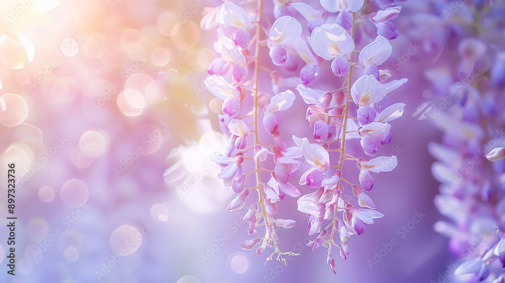 Beautiful blossoms of Fuji (Wisteria floribunda) vine in spring. The image is intentionally shot with a high key and shallow depth of field to create a dreamy and ethereal atmosphere. Beautiful blossoms of Fuji (Wisteria floribunda) vine in spring. The image is intentionally shot with a high key and shallow depth of field to create a dreamy and ethereal atmosphere.