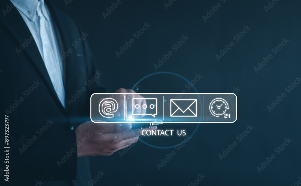 Fototapeta premium Contact us or Customer support hotline, people connect. (email, address, live chat, telephone). Customer service. contact, customer, phone, support online.