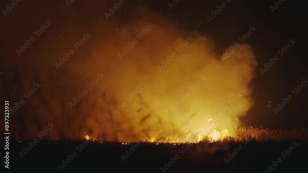 A dark forest with a burning fire flames in the background. The fire is in the distance and the trees are silhouetted against the sky A dark forest with a burning fire flames in the background. The fire is in the distance and the trees are silhouetted against the sky