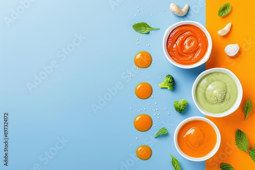 Colorful bowls of various sauces on a vibrant background, ideal for culinary or food-related projects.