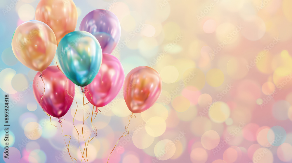 Colorful balloons floating with vibrant bokeh background in celebration