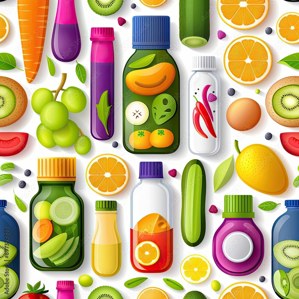 Vibrant assortment of juice bottles and fresh fruits, perfect for health-conscious themes and food-related projects.