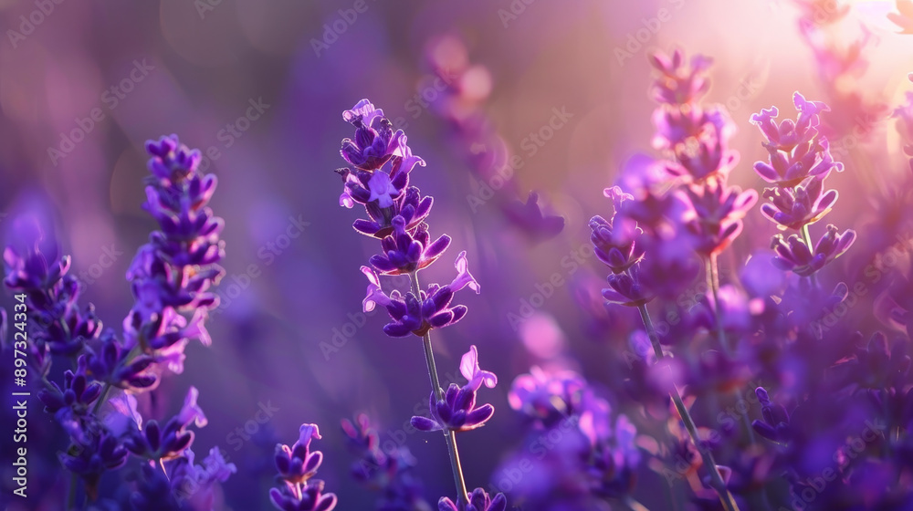 Fototapeta premium Close-up photo of a delicate lavender flower field, featuring an abstract purple floral background. The image highlights the aromatic beauty of spring nature.