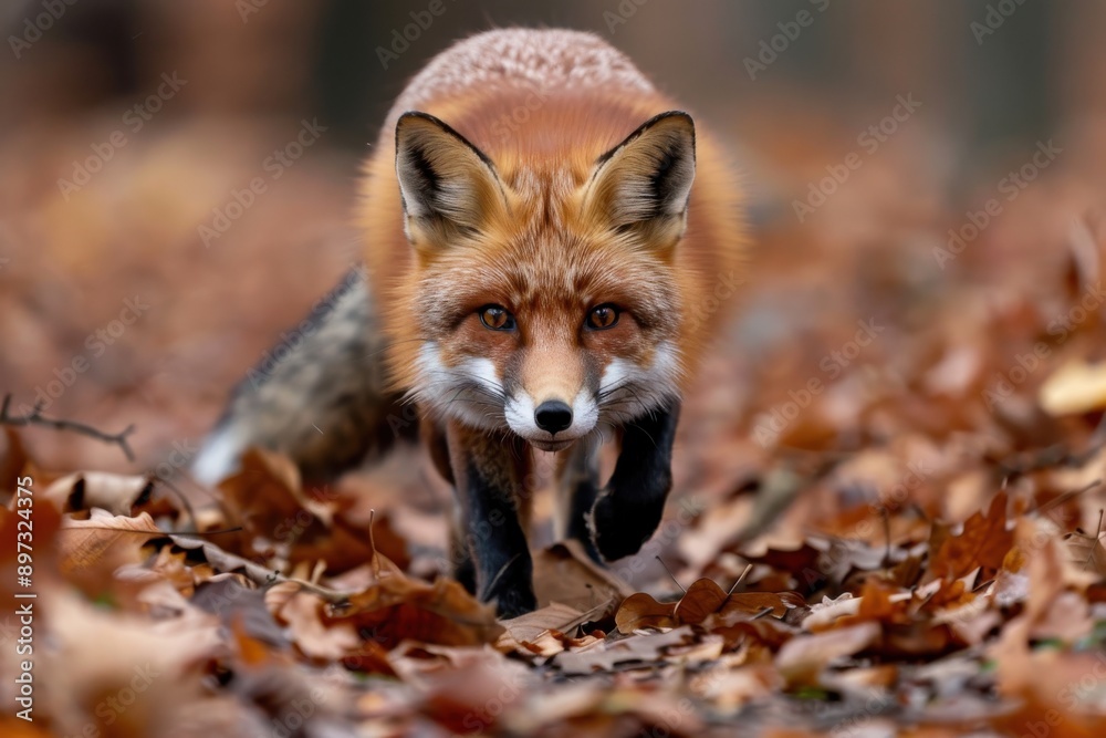 Obraz premium A red fox partly hidden behind a blur in a dense carpet of autumn leaves, its sharp eyes focused ahead, embodying the stealth and beauty of wildlife in fall.