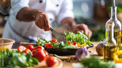 A chef skillfully preparing a fresh salad with vibrant vegetables in a lively kitchen setting.