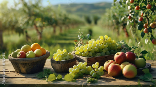 Rustic Table with Fresh Fruits and a Green Field in the Background